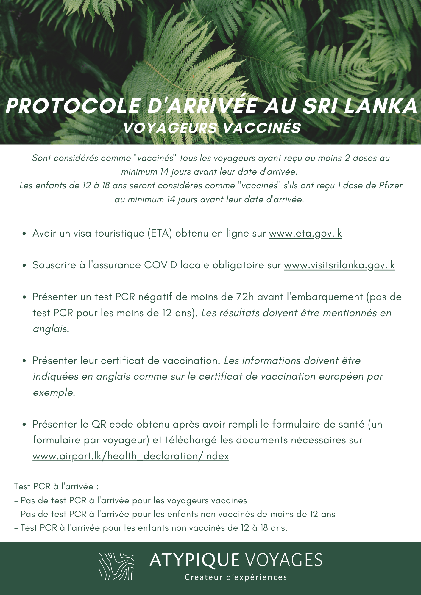 Protocole d'arrivée Sri Lanka